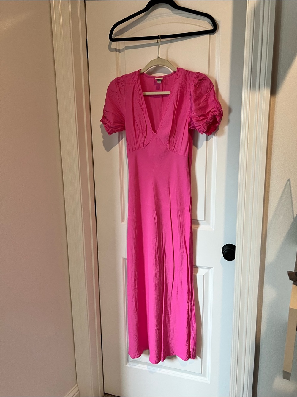a new day Hot Pink V-Neck Maxi Dress with Puff Sleeves
